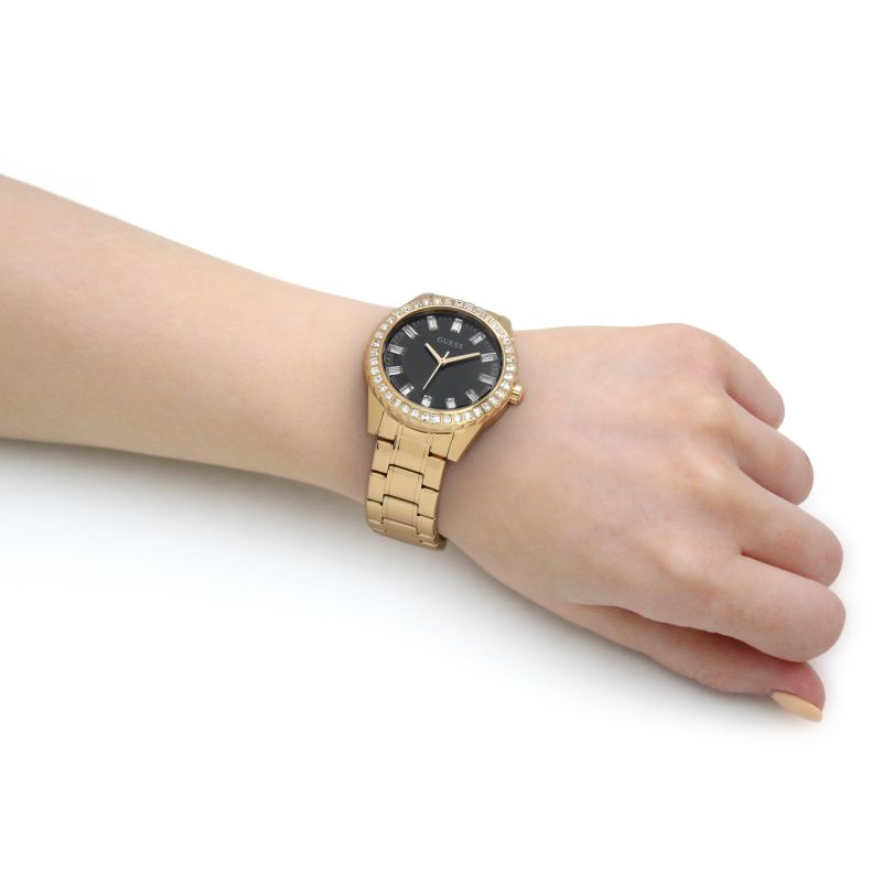 Guess Sparkler Diamonds Black Dial Gold Steel Strap Watch for Women - GW0111L2
