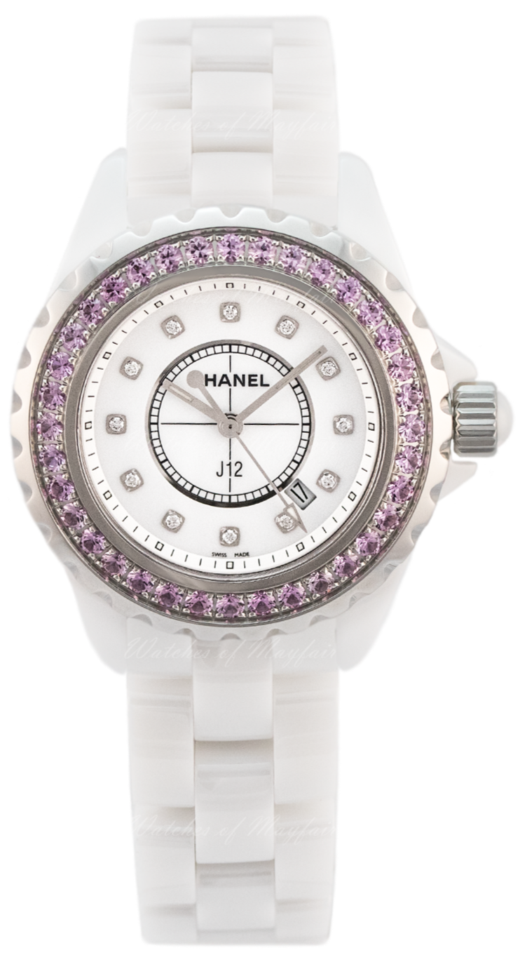 Chanel J12 Sapphire Bezel Ceramic White Dial White Steel Strap Watch f