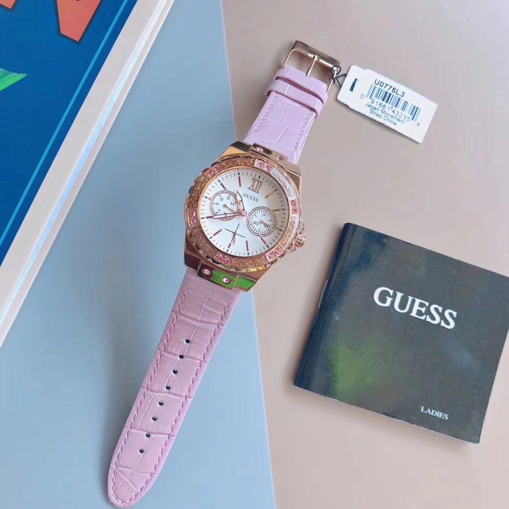 Guess Limelight Quartz Analog White Dial Pink Leather Strap Watch For Women - W0775l3