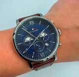 Tommy Hilfiger Evan Chronograph Blue Dial Brown Leather Strap Watch for Men - 1710393