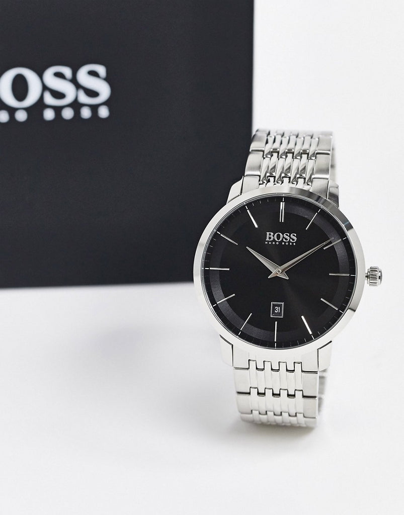 Hugo Boss Officer Black Dial Silver Steel Strap Watch for Men - 1513614