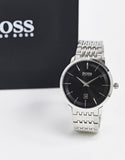 Hugo Boss Officer Black Dial Silver Steel Strap Watch for Men - 1513614