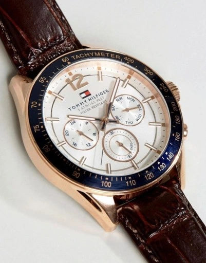 Tommy Hilfiger Luke Quartz White Dial Brown Leather Strap Watch for Men - 1791118