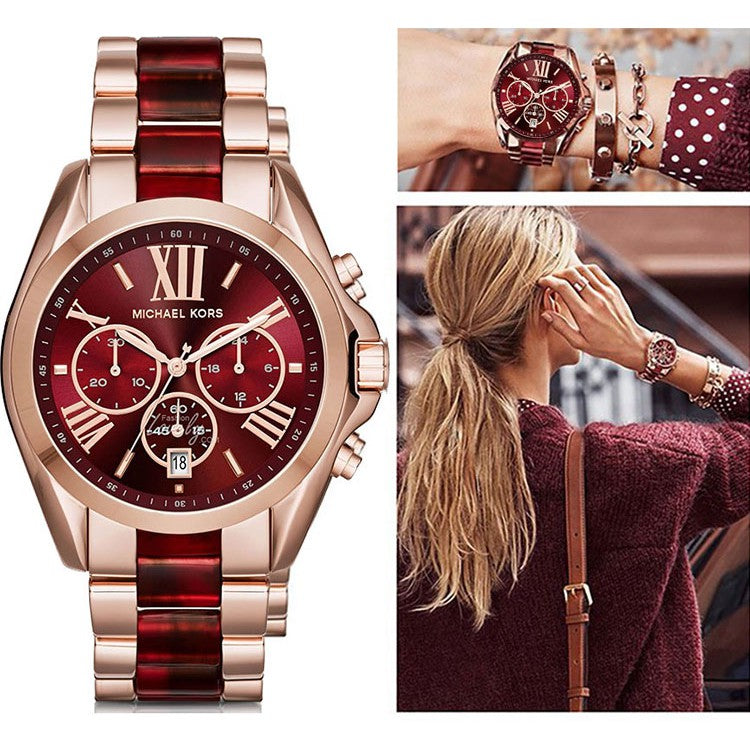 Michael Kors Bradshaw Burgundy Dial Two Tone Steel Strap Watch for Women - MK6270