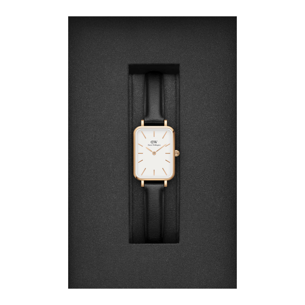 Daniel Wellington Quadro White Dial Black Leather Strap Watch For Women - DW00100434