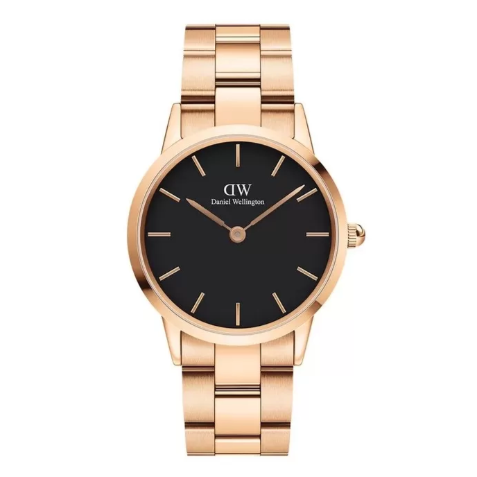 Daniel Wellington Iconic Link Black Dial Rose Gold Steel Strap Watch for Women - DW00100210