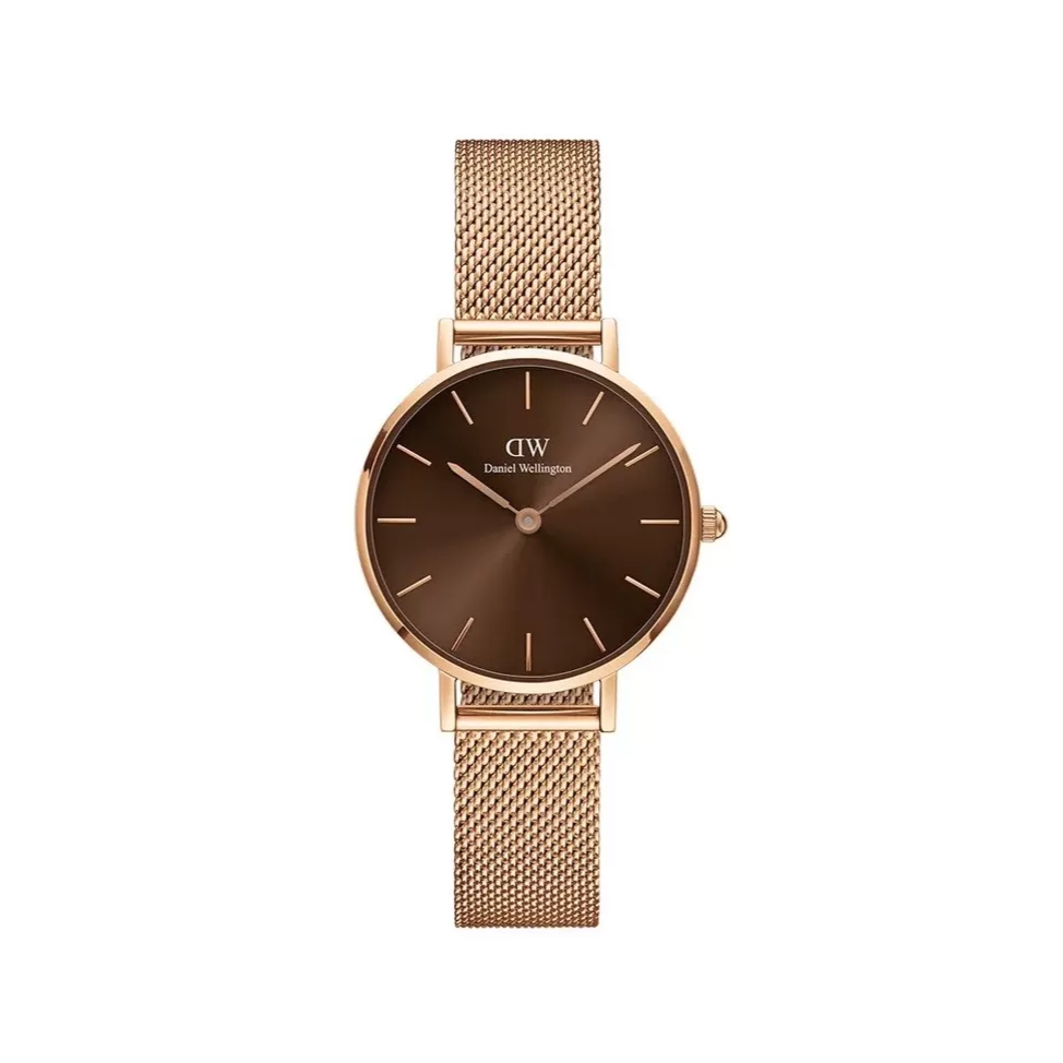 Daniel Wellington Petite Amber Brown Dial Gold Mesh Strap Watch For Women - DW00100476