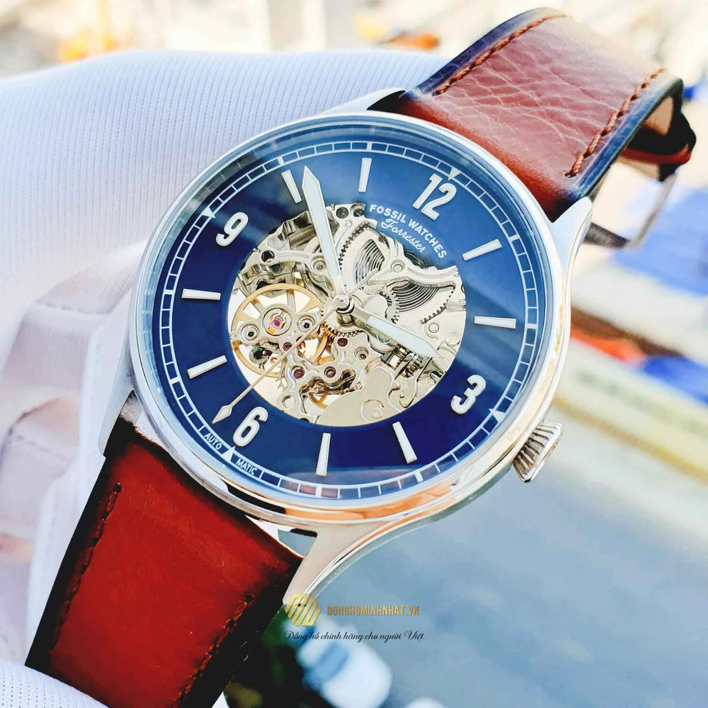 Fossil Forrester Luggage Automatic Skeleton Blue Dial Brown Leather Strap Watch for Men - ME3179