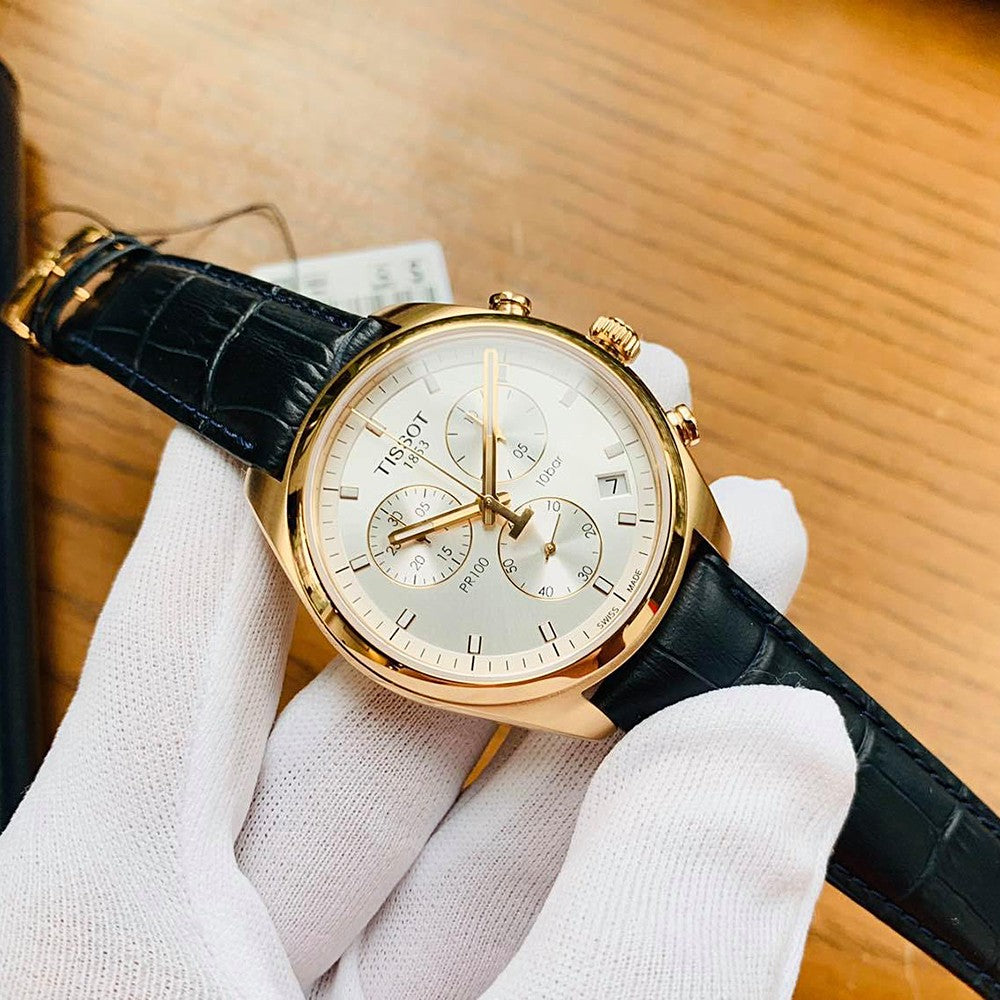 Tissot T Classic PR 100 Chronograph Silver Dial Black Leather Strap Watch for Men - T101.417.36.031.00