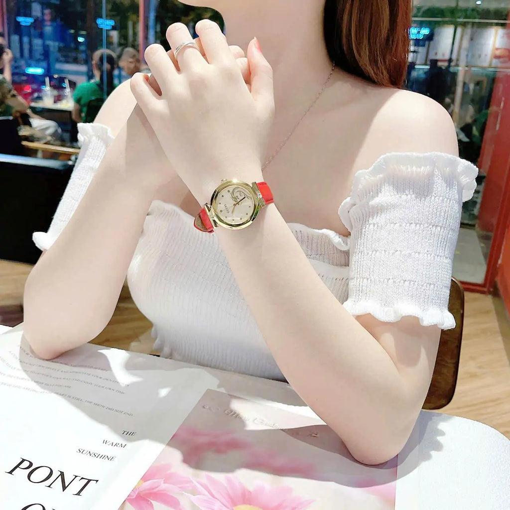 Guess Trend Dragon Gold Dial Red Leather Strap Watch For Women - GW0646L1