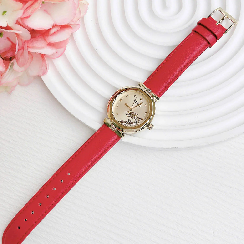 Guess Trend Dragon Gold Dial Red Leather Strap Watch For Women - GW0646L1