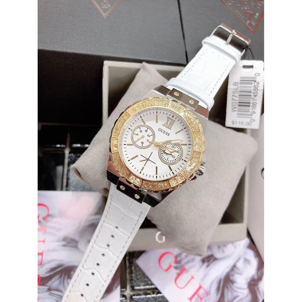 Guess Limelight Quartz Silver Dial White Leather Strap Watch For Women - W0775l8