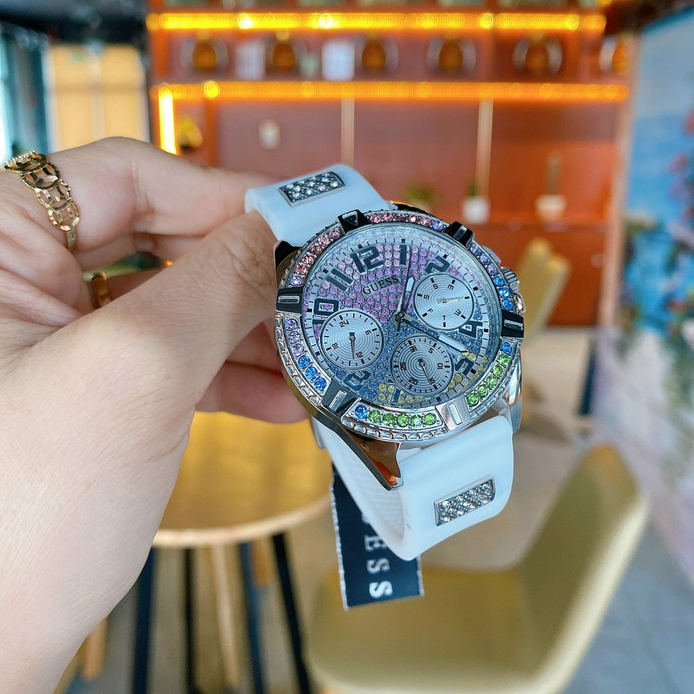 Guess Frontier Diamonds Silver Dial White Rubber Strap Watch for Women - GW0045L1