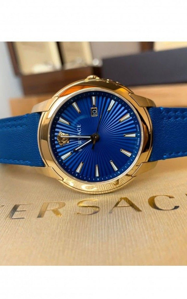 Versace V-Urban Quartz Blue Dial Blue Leather Strap Watch for Men - VELQ00319