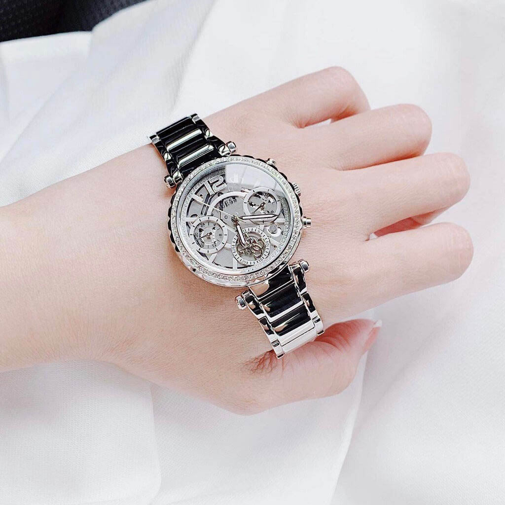 Guess Solstice Diamonds Silver Dial Silver Steel Strap Watch for Women - GW0403L1