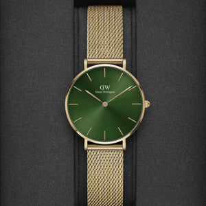 Daniel Wellington Petite Emerald Green Dial Gold Mesh Strap Watch For Women - DW00100480