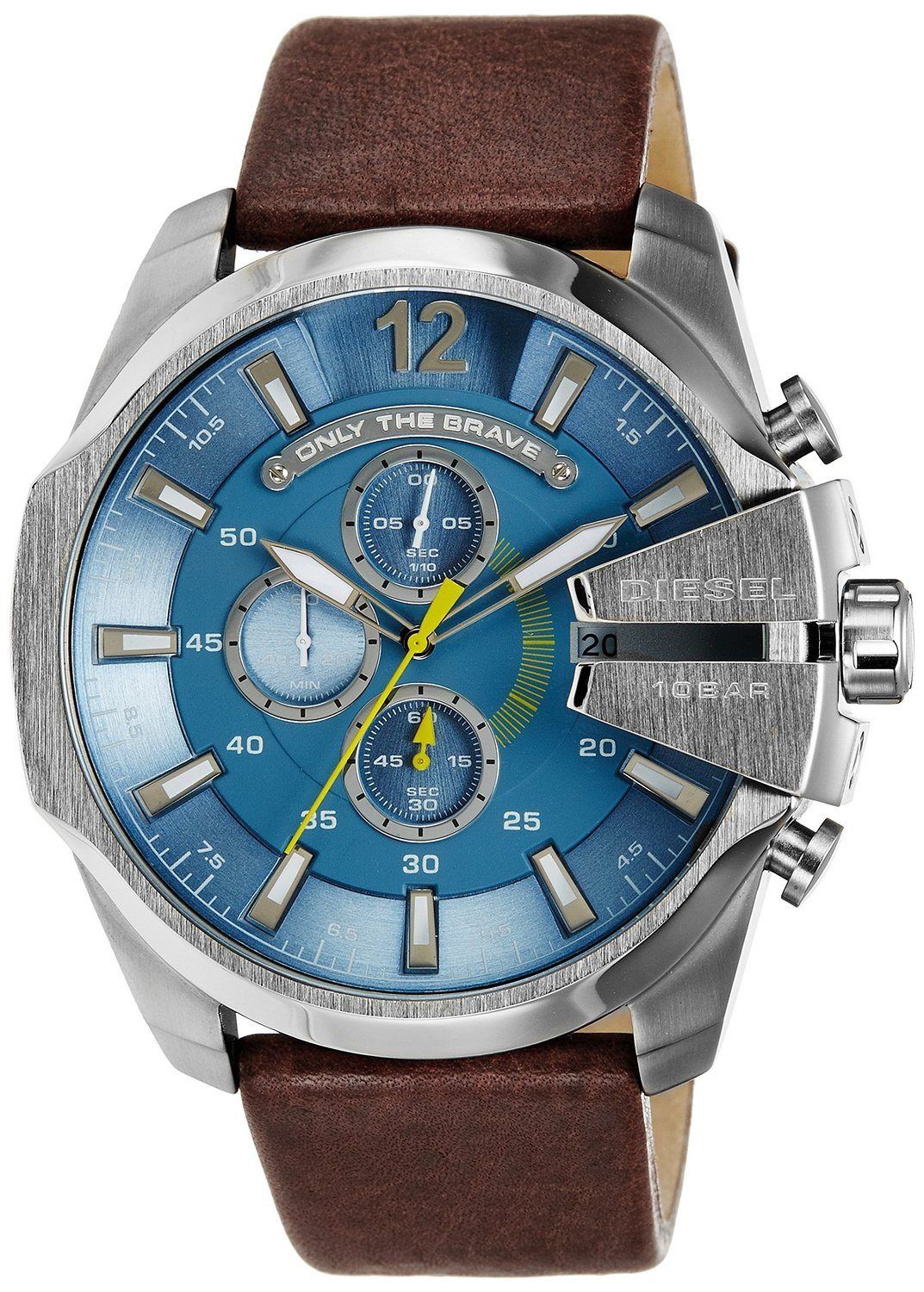 Diesel Mega Chief Chronograph Blue Dial Brown Leather Strap Watch For
