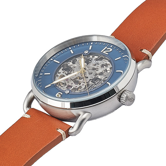 Fossil Commuter Automatic Skeleton Blue Dial Brown Leather Strap Watch for Men - ME3159