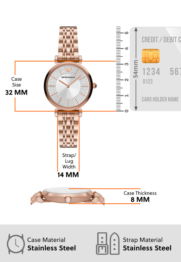Emporio Armani Gianni T-Bar Crystals Silver Dial Rose Gold Steel Strap Watch For Women - AR11446