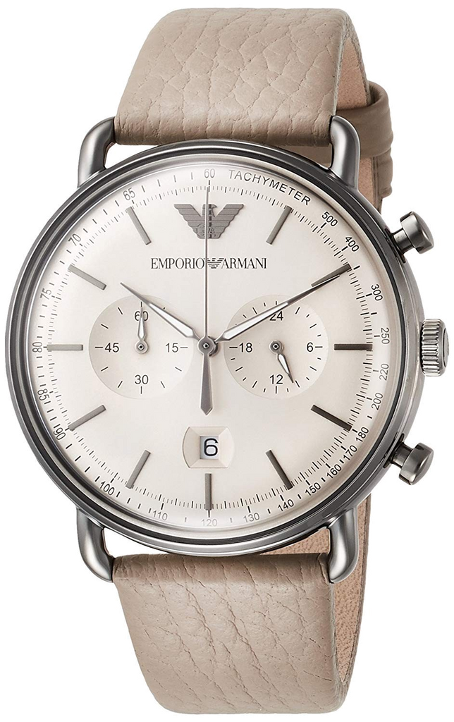 Emporio Armani Aviator Chronograph Quartz Grey Dial Beige Leather Strap Watch For Men - AR11107