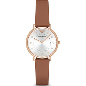 Emporio Armani Classic Analog Silver Dial Brown Leather Strap Watch For Women - AR8040