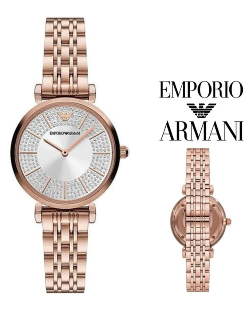 Emporio Armani Gianni T-Bar Crystals Silver Dial Rose Gold Steel Strap Watch For Women - AR11446