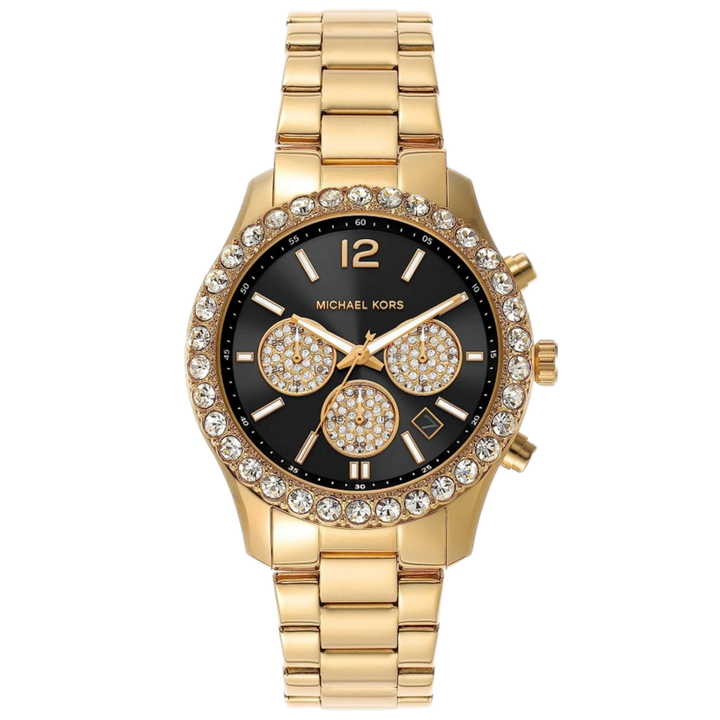 Michael Kors Berkley Chronograph Black Dial Gold Steel Strap Watch For Women - MK7414