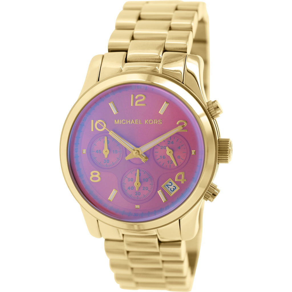 Michael Kors Runway Iridescent Pink Dial Gold Steel Strap Watch for Women - MK5939