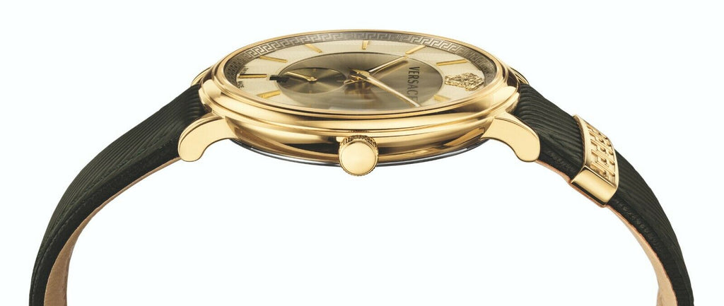 Versace V-Circle Manifesto Gold Dial Black Leather Strap Watch for Men - VBQ030017