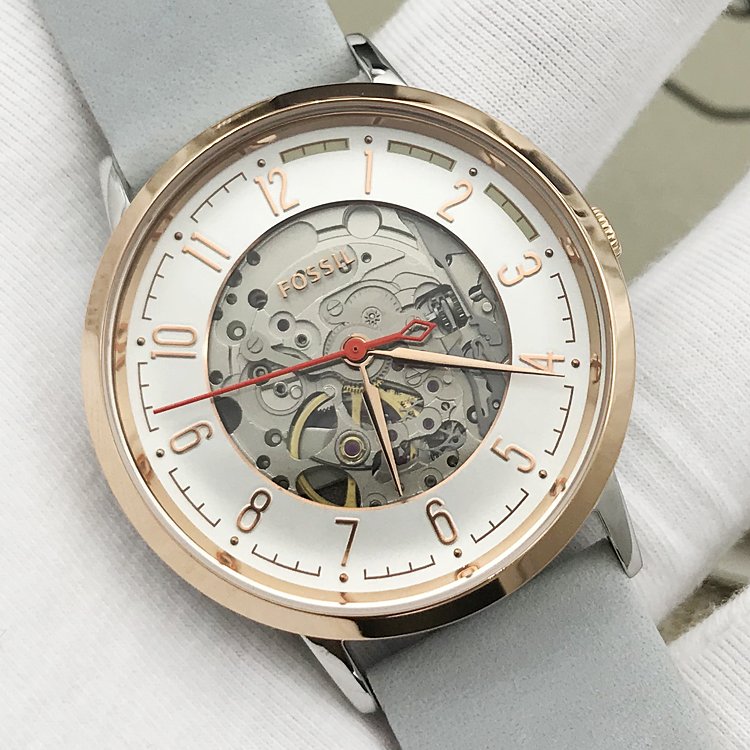 Fossil Vintage Muse Automatic Skeleton White Dial Grey Leather Strap Watch for Women - ME3131