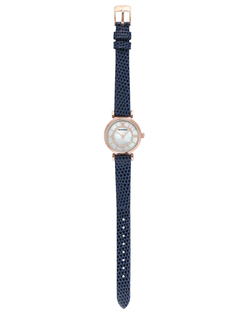 Emporio Armani Gianni T-Bar Analog Mother of Pearl Dial Blue Leather Strap Watch For Women - AR11468