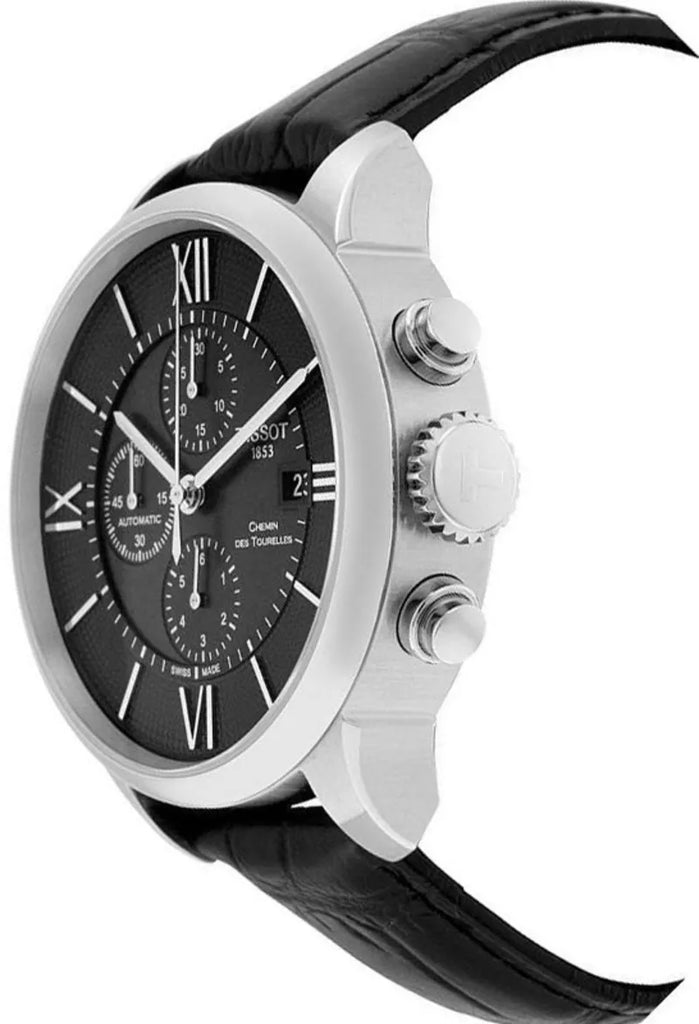 Tissot T Classic Chemin Des Tourelles Chronograph Black Dial Black Leather Strap Watch For Men - T099.427.16.058.00