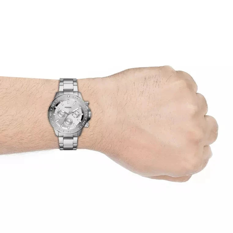 Fossil Bannon Multifunction Chronograph Silver Dial Silver Steel Strap Watch for Men - BQ2490