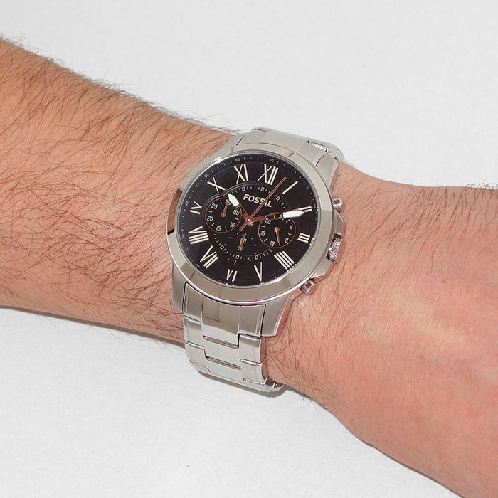 Fossil Grant Chronograph Black Dial Silver Steel Strap Watch for Men - FS4994