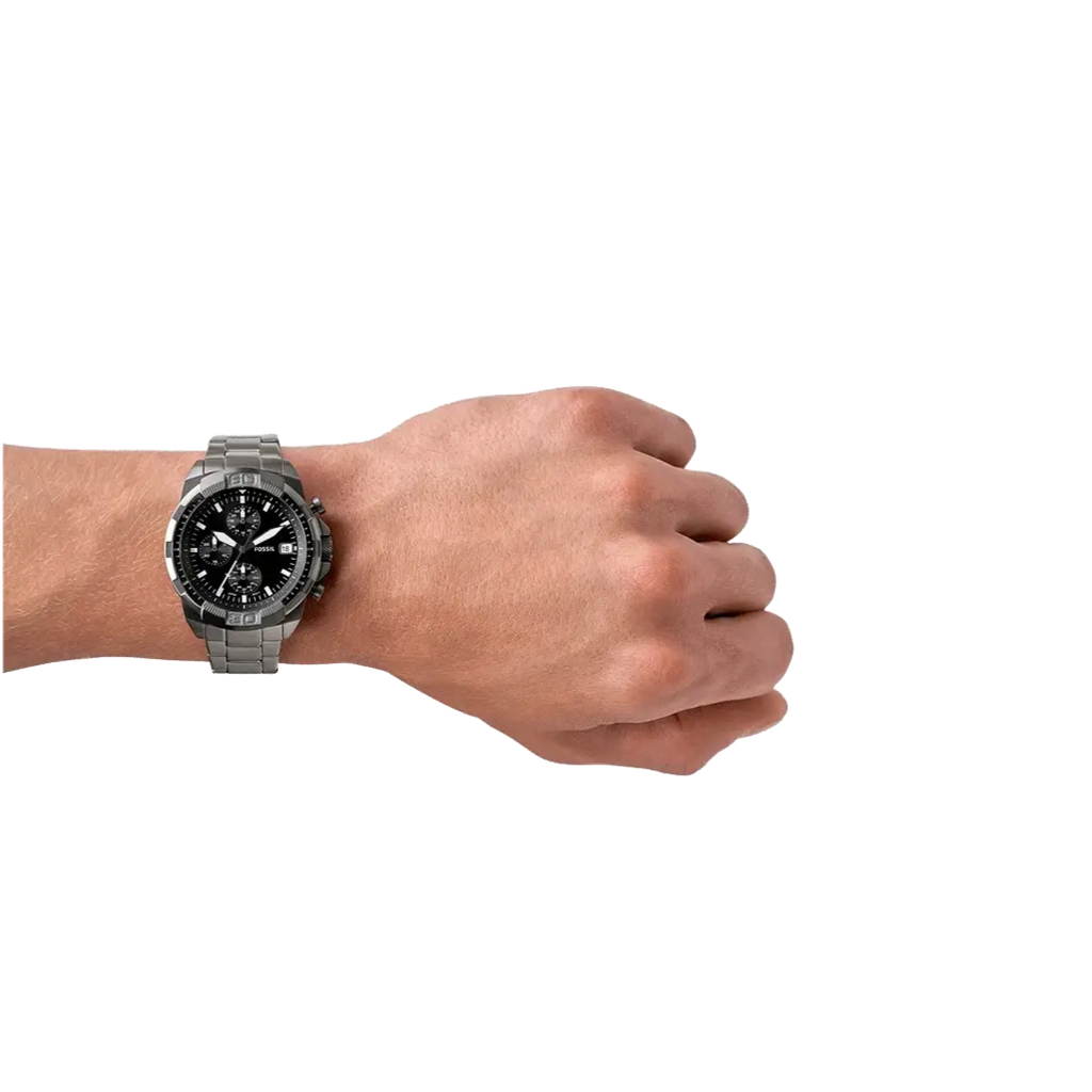 Fossil Bronson Chronograph Black Dial Grey Steel Strap Watch for Men - FS5852