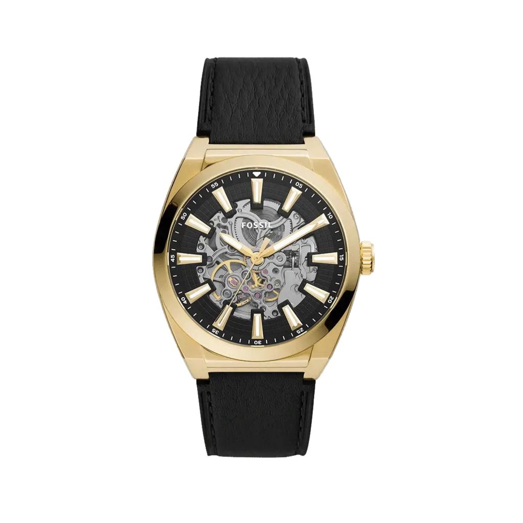 Fossil Everett Automatic Skeleton Black Dial Black Leather Strap Watch for Men - ME3208