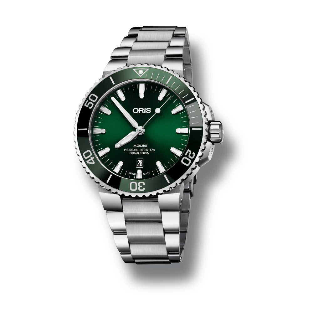 Oris Aquis Date Green Dial Silver Steel Strap Watch for Men - 0173377304157-0782405PEB