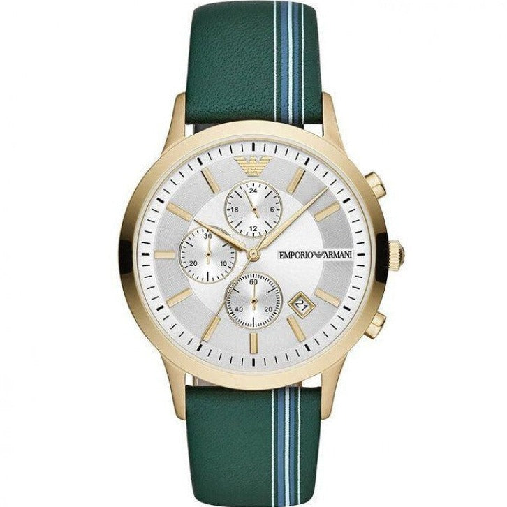 Emporio Armani Renato Chronograph Silver Dial Green Leather Strap Watch For Men - AR11233