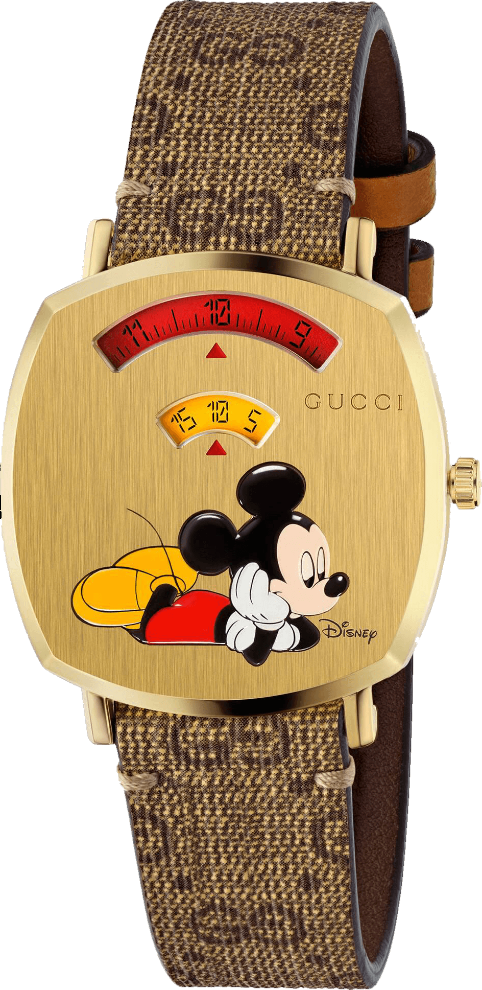 Gucci Grip Disney Mickey Mouse Gold Dial Brown Leather Strap Watch For