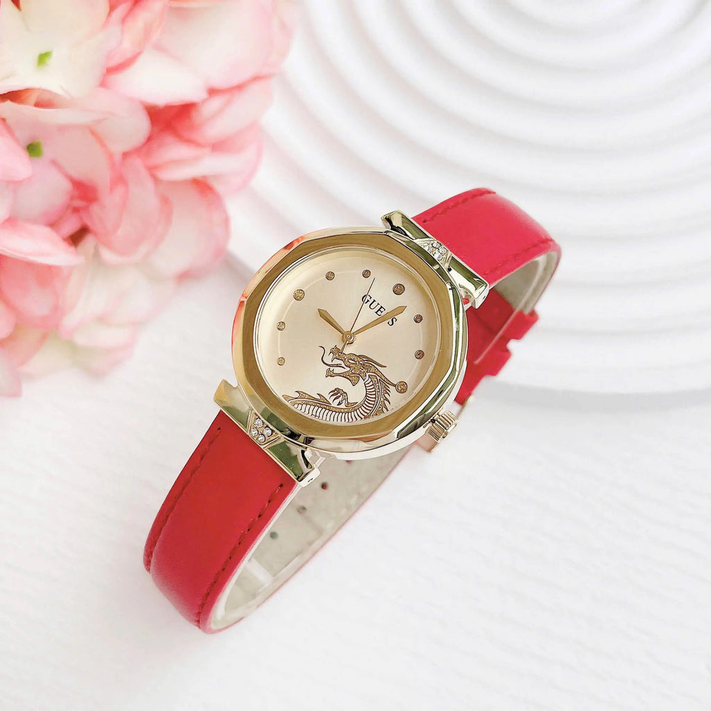 Guess Trend Dragon Gold Dial Red Leather Strap Watch For Women - GW0646L1