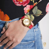 Guess Trend Dragon Gold Dial Red Leather Strap Watch For Women - GW0646L1