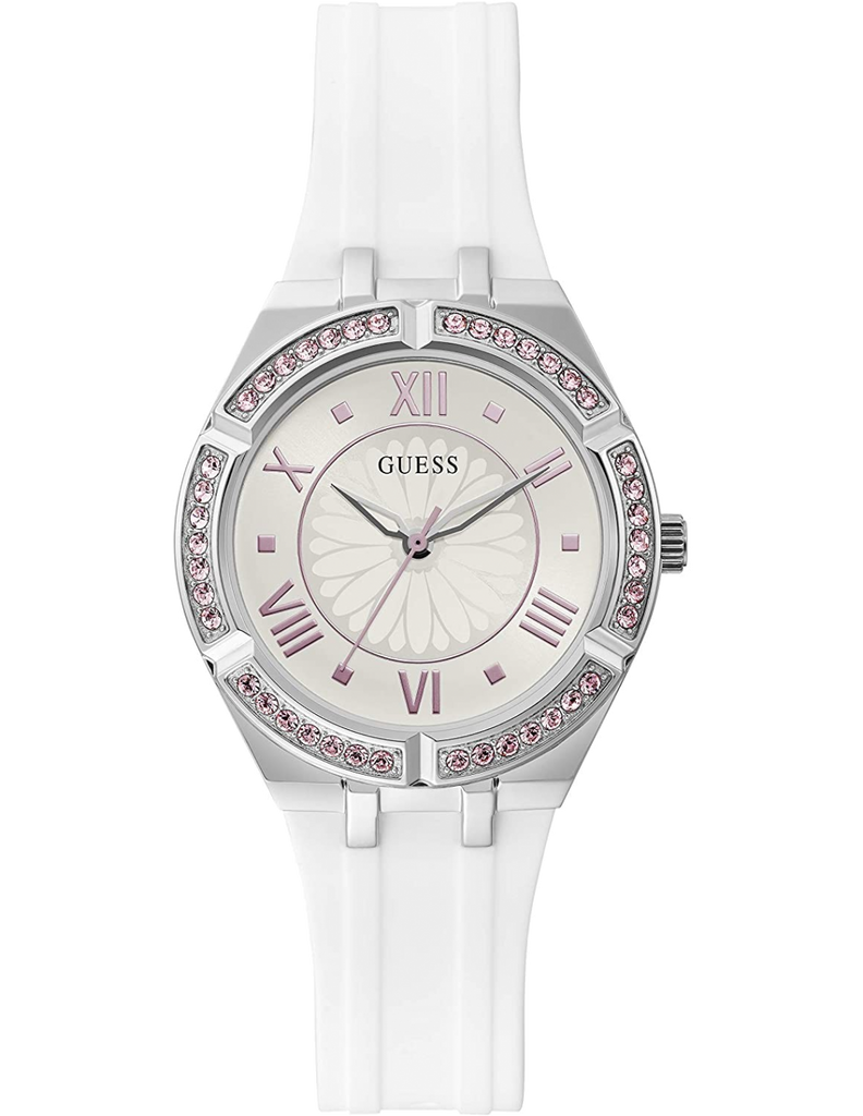 Guess Sparkling Silver Dial White Rubber Strap Watch For Women - GW0032L1