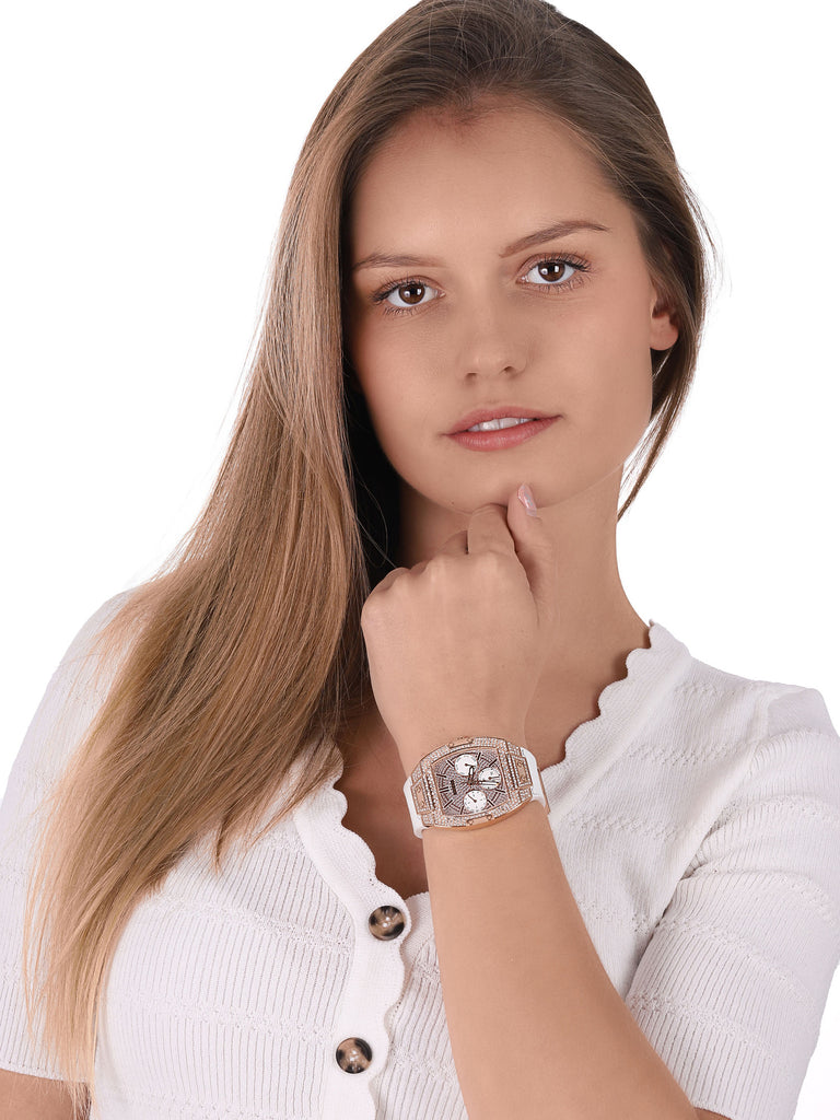 Guess Raven Diamonds Rose Gold Dial White Silicone Strap Watch for Women - GW0105L3