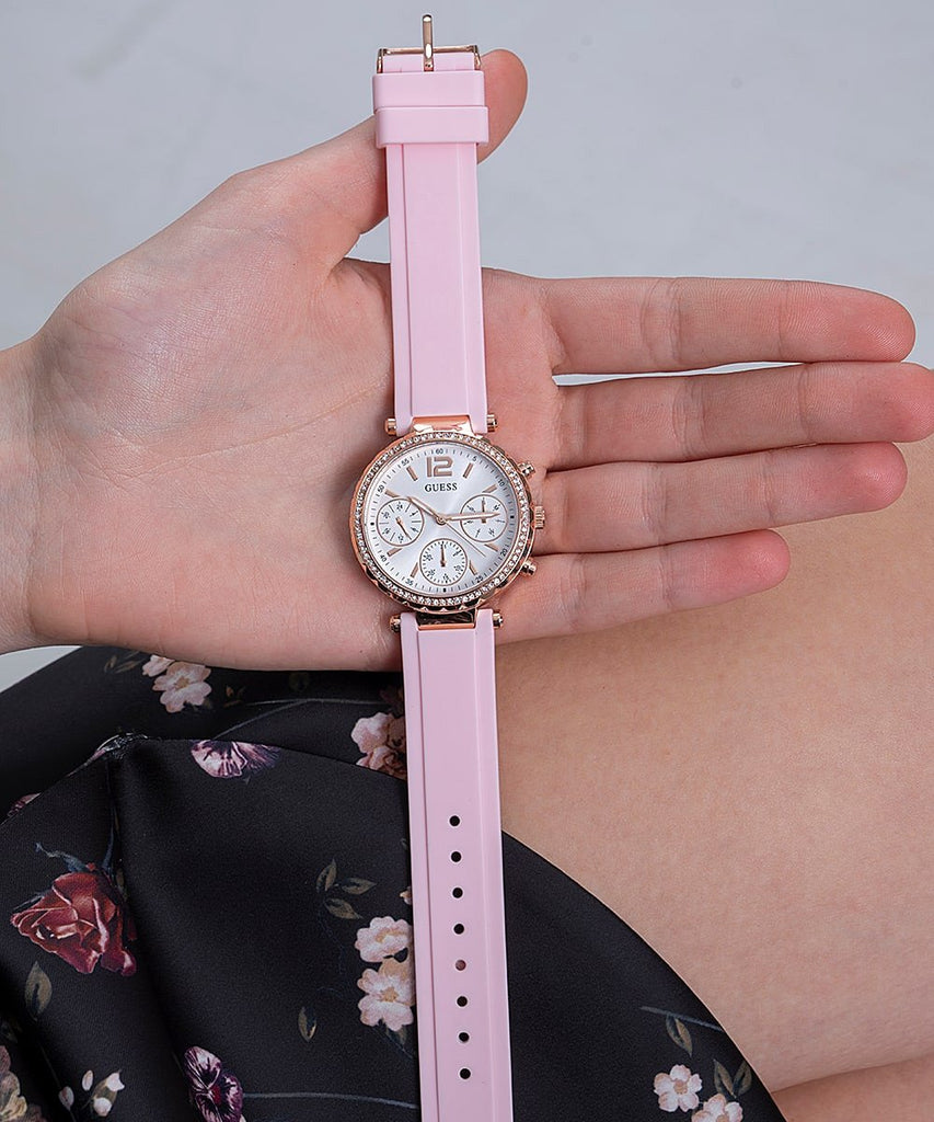 Guess Solstice Diamonds White Dial Pink Rubber Strap Watch For Women - GW0113L4