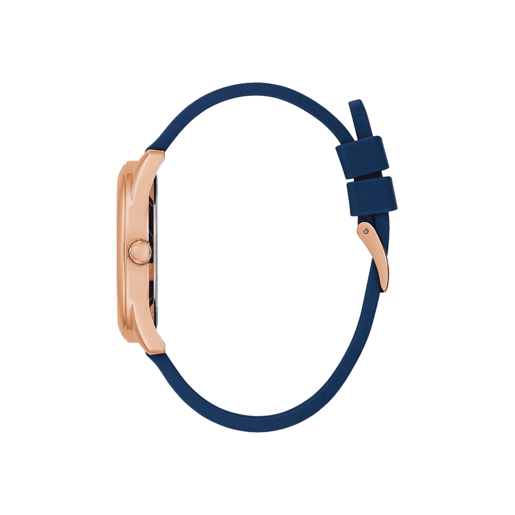Guess Cubed Analog Rose Gold Dial Blue Leather Strap Watch For Women - GW0665L2