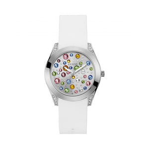 Guess Wanderlust Crystals Silver Dial White Rubber Strap Watch For Women - W1059L3