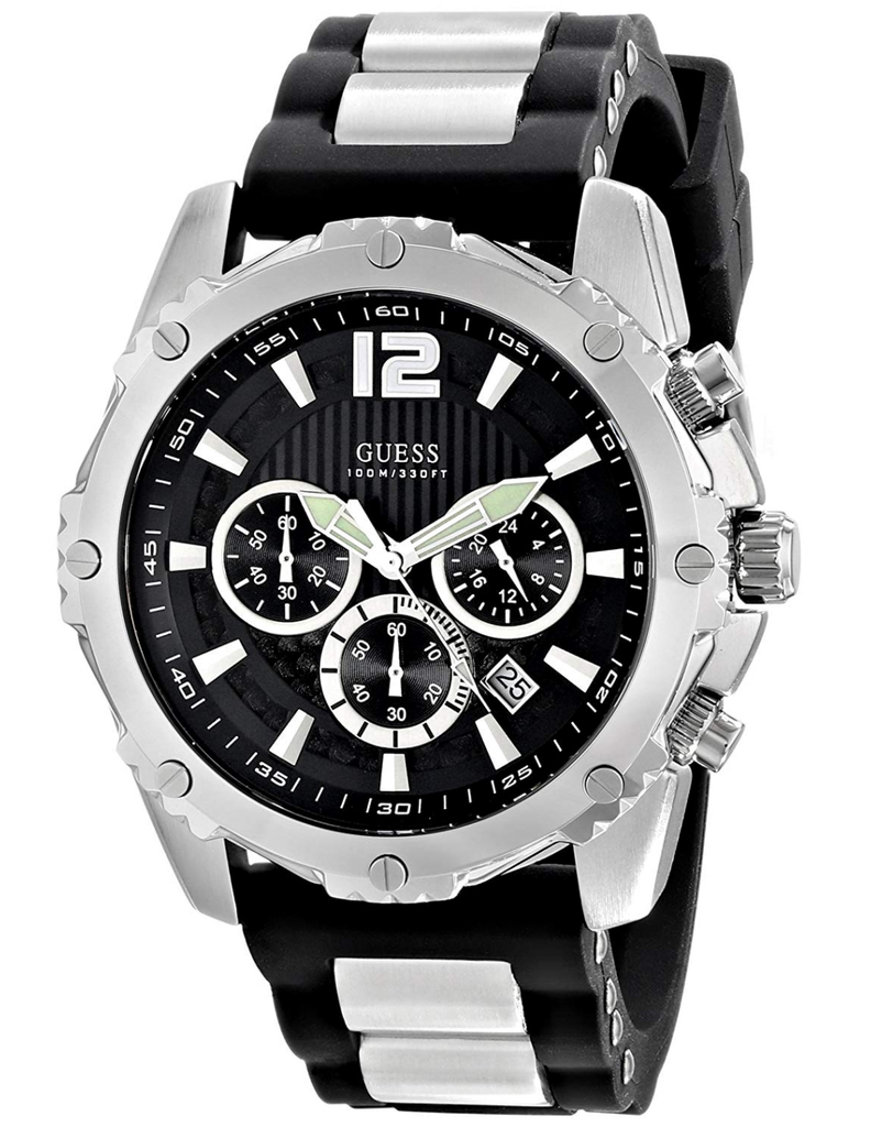 Guess Intrepid Chronograph Black Dial Two Tone Steel Strap Watch for Men - W0167G1
