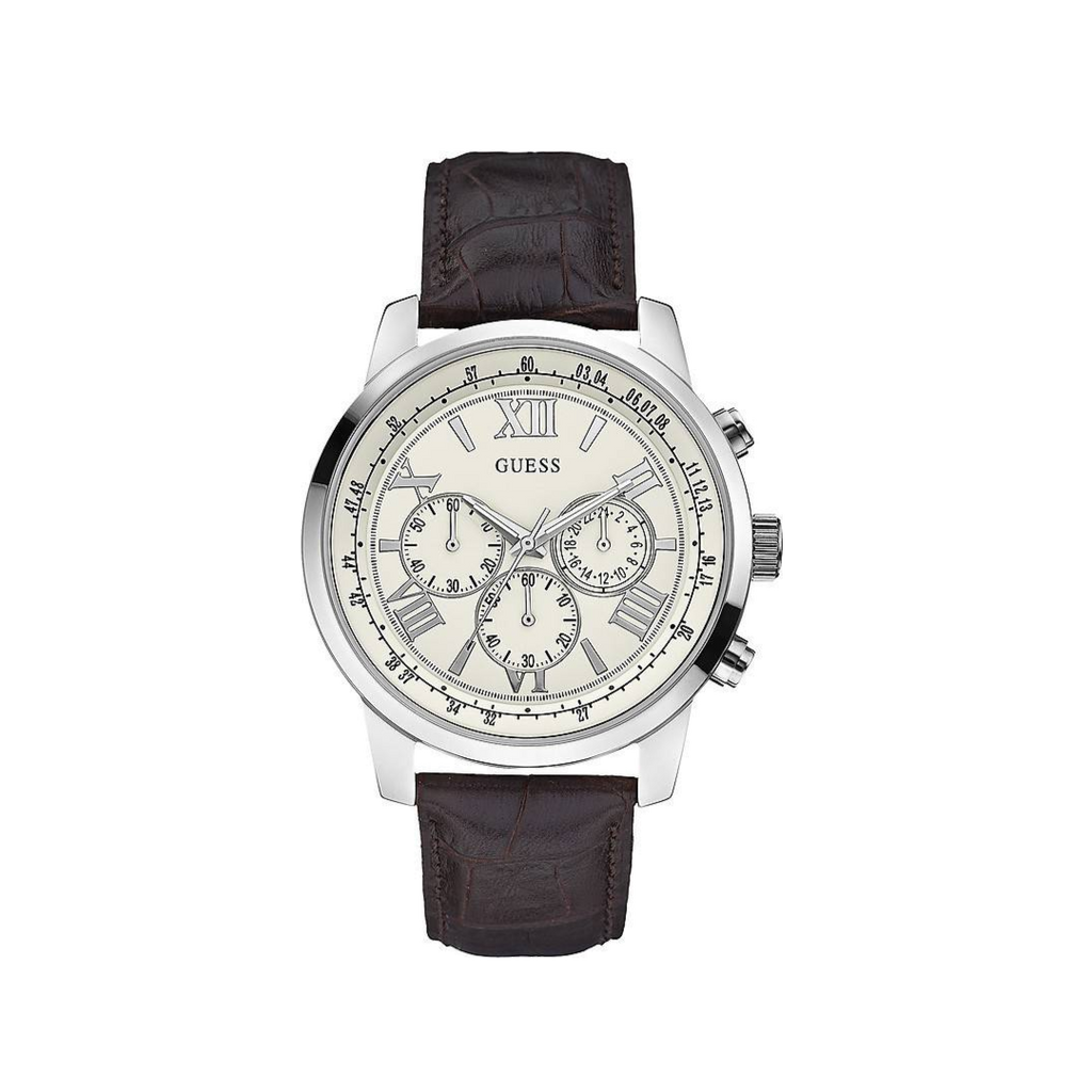 Guess Horizon Chronograph White Dial Brown Leather Strap Watch For Men - W0380G2