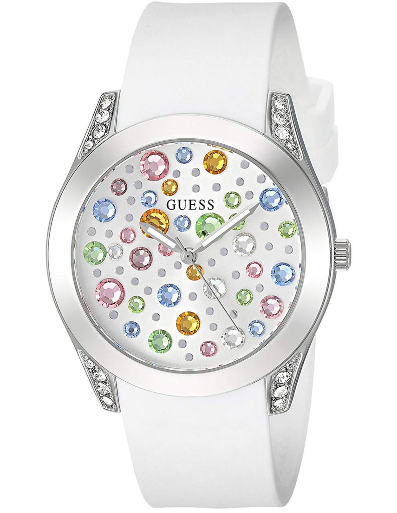 Guess Wanderlust Crystals Silver Dial White Rubber Strap Watch for Women - W1059L1