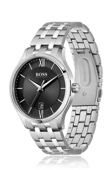 Hugo Boss Officer Black Dial Silver Steel Strap Watch for Men - 1513614